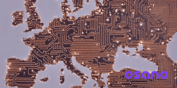 Map of Europe overlaid with electronic circuitry