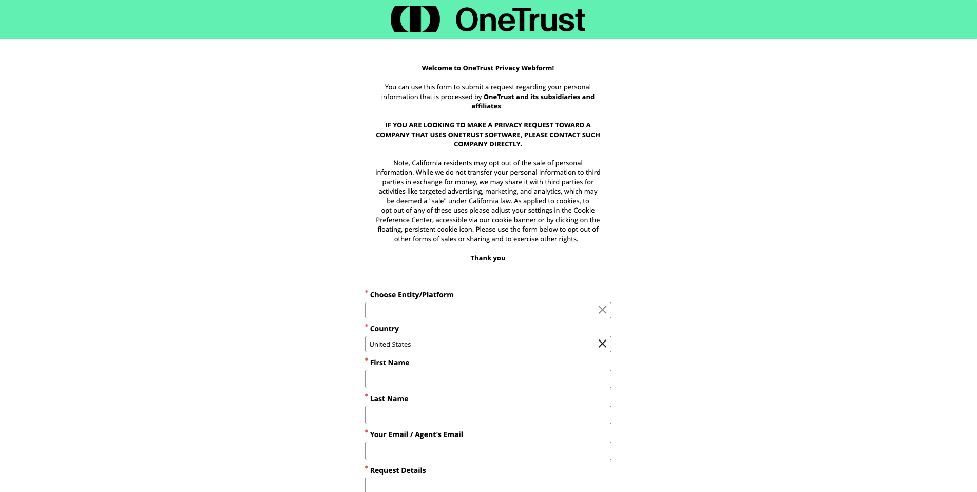 OneTrust DSAR Form