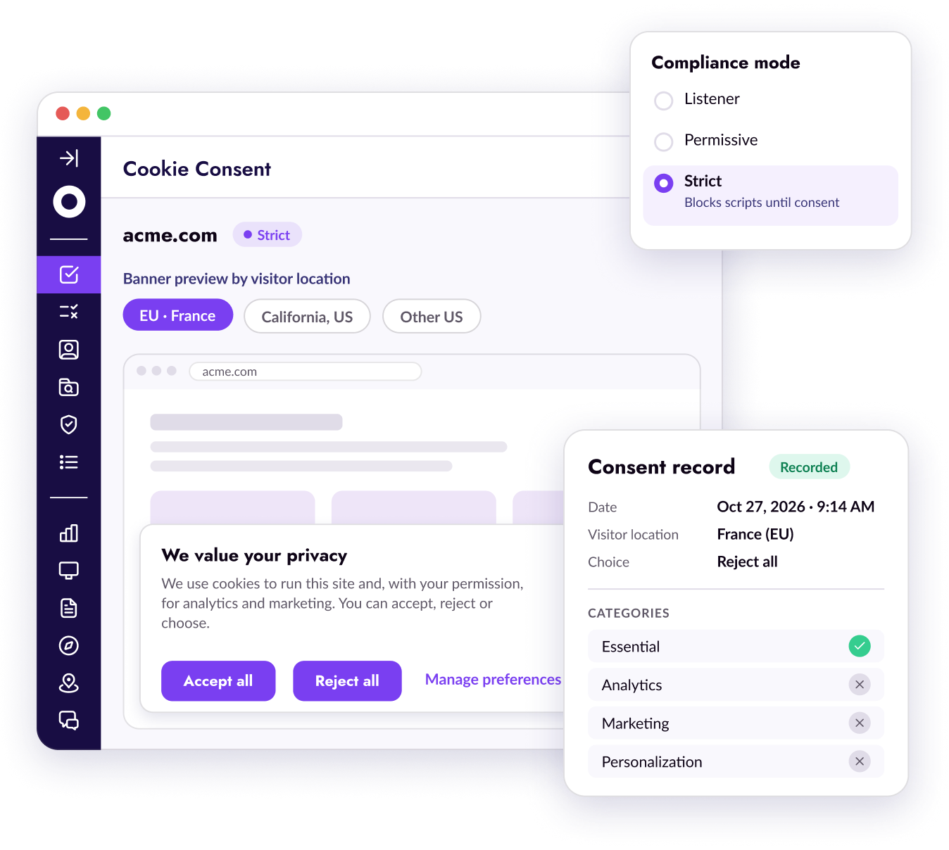 Osano Cookie Consent showing a banner preview by visitor location, with compliance mode settings