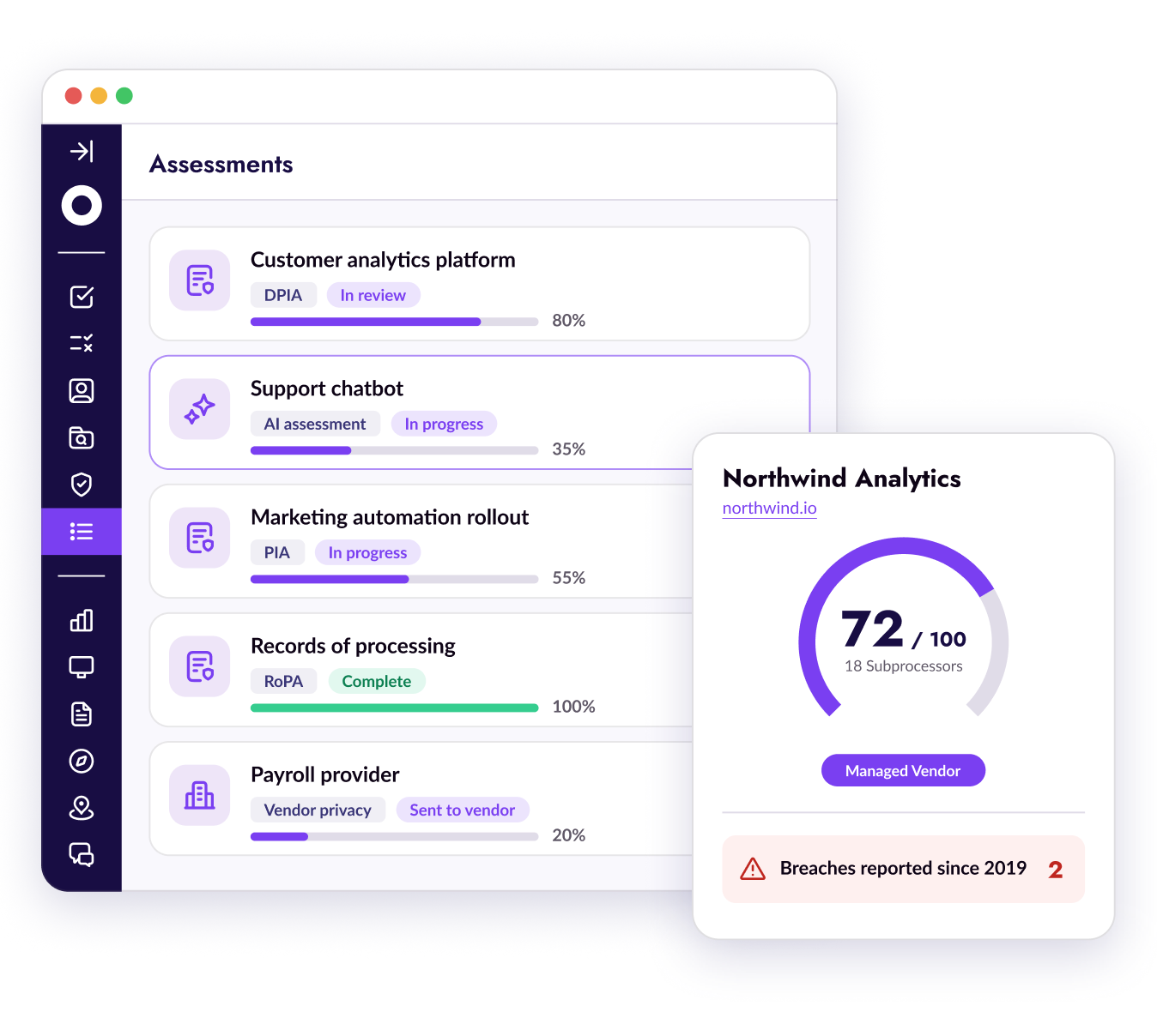 Osano Assessments list with status and progress, beside a vendor risk score card
