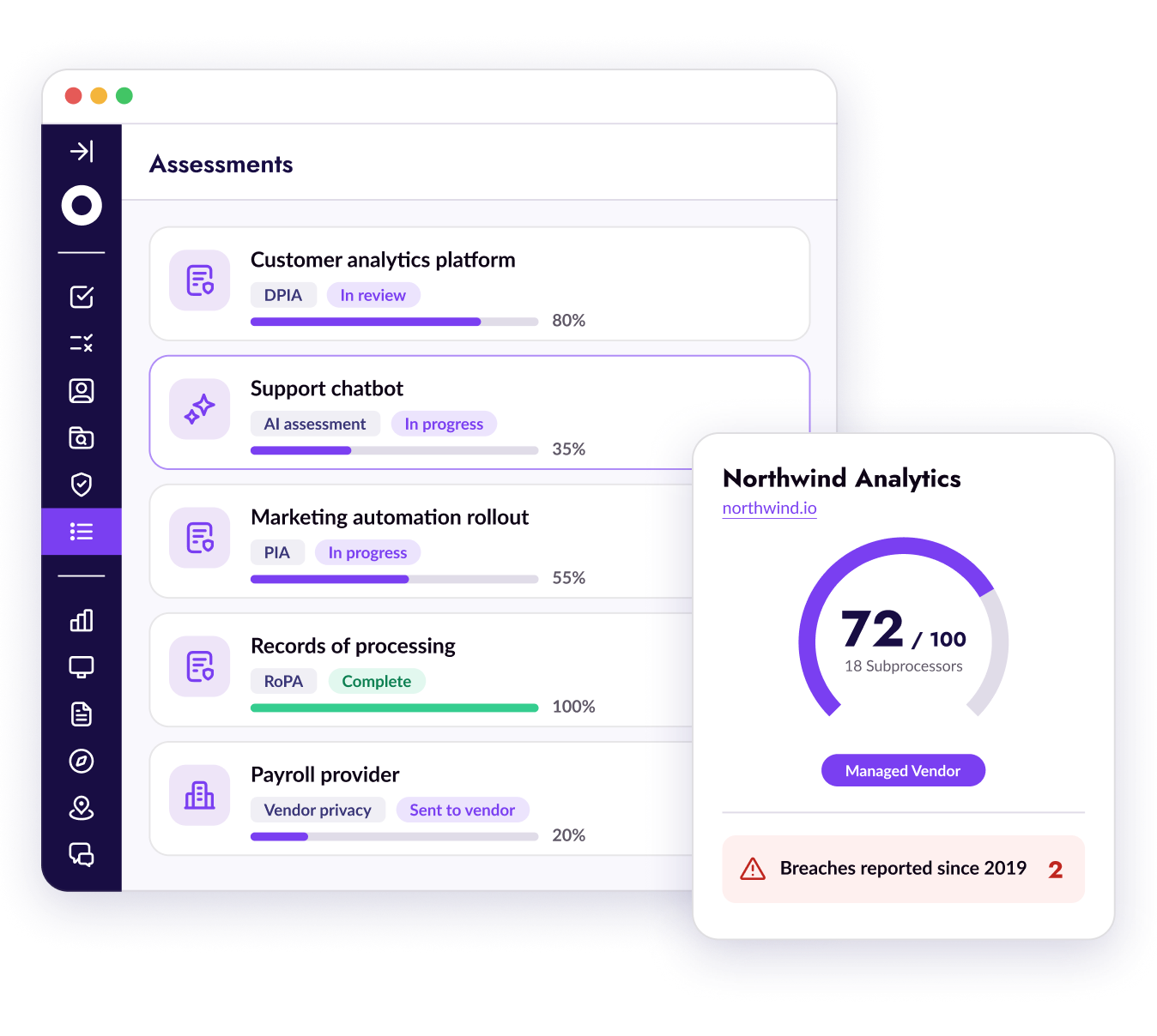 Osano Assessments list with status and progress, beside a vendor risk score card
