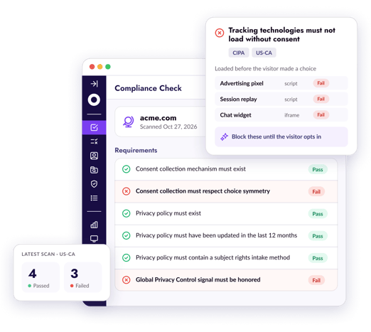 Osano Compliance Check results for a website, with passed checks and two new issues found since the last scan