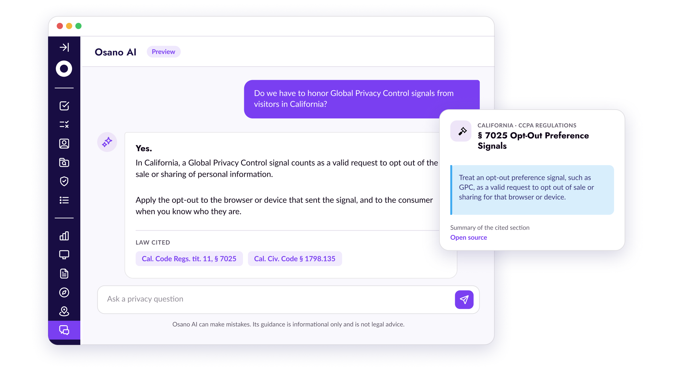 Osano's AI assistant answering whether California requires honoring Global Privacy Control signals, with the CCPA regulation cited