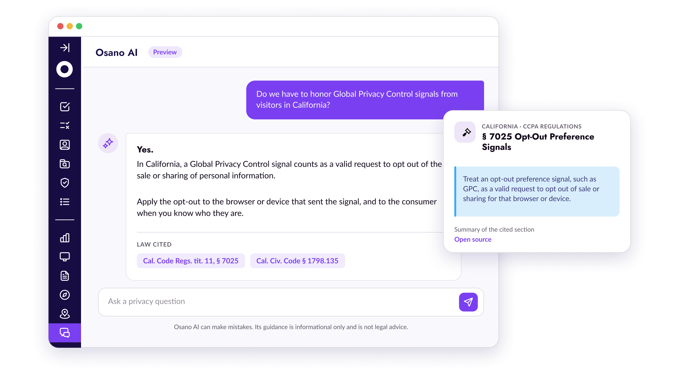 Osano's AI assistant answering whether California requires honoring Global Privacy Control signals, with the CCPA regulation cited