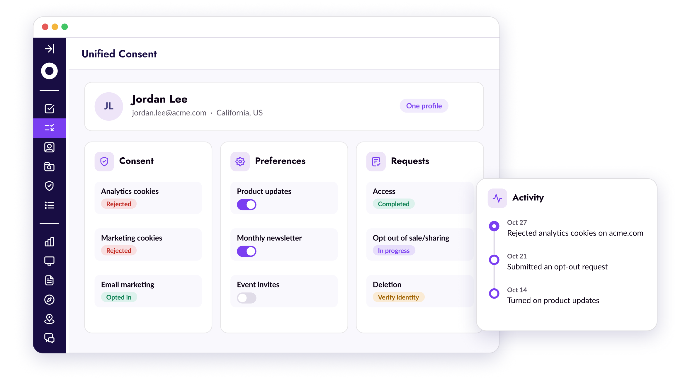 One person's consent, preferences, and data requests shown together in Osano