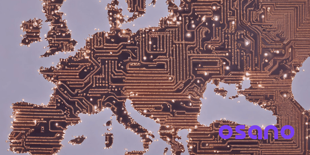 Map of Europe overlaid with electronic circuitry