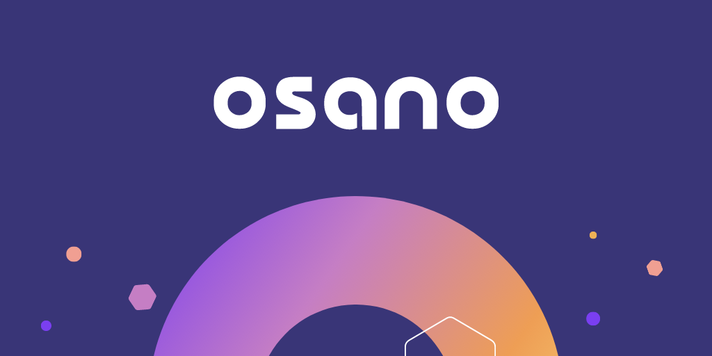 Osano above a rainbow gradient donut shape with bubbles and hexagonal shapes surrounding it