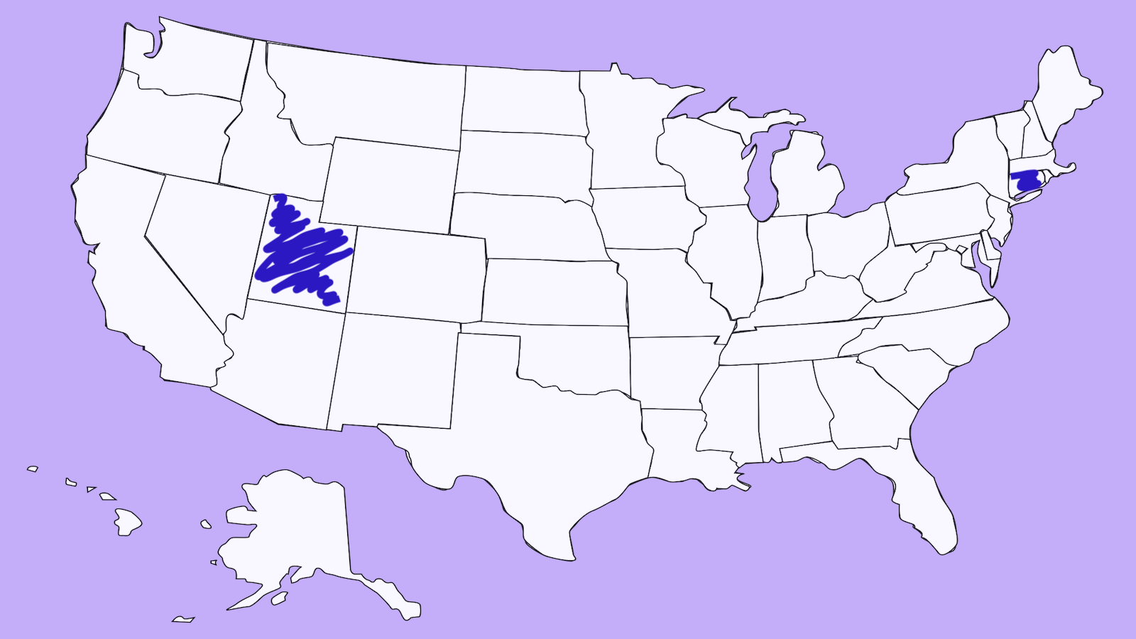 Map of the united states with Utah and Connecticut highlighted.