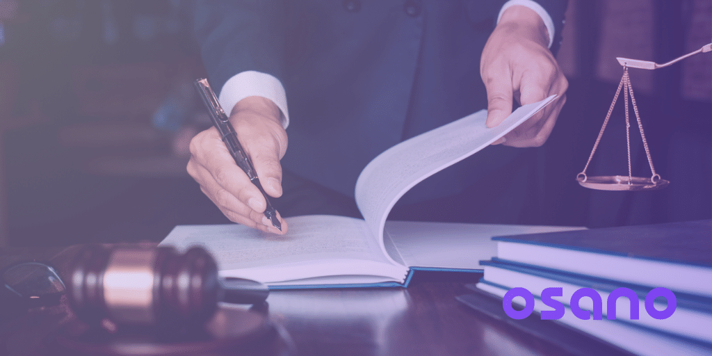 image of someone signing a law, with a purple gradient over the image and the osano logo in the bottom right-hand corner