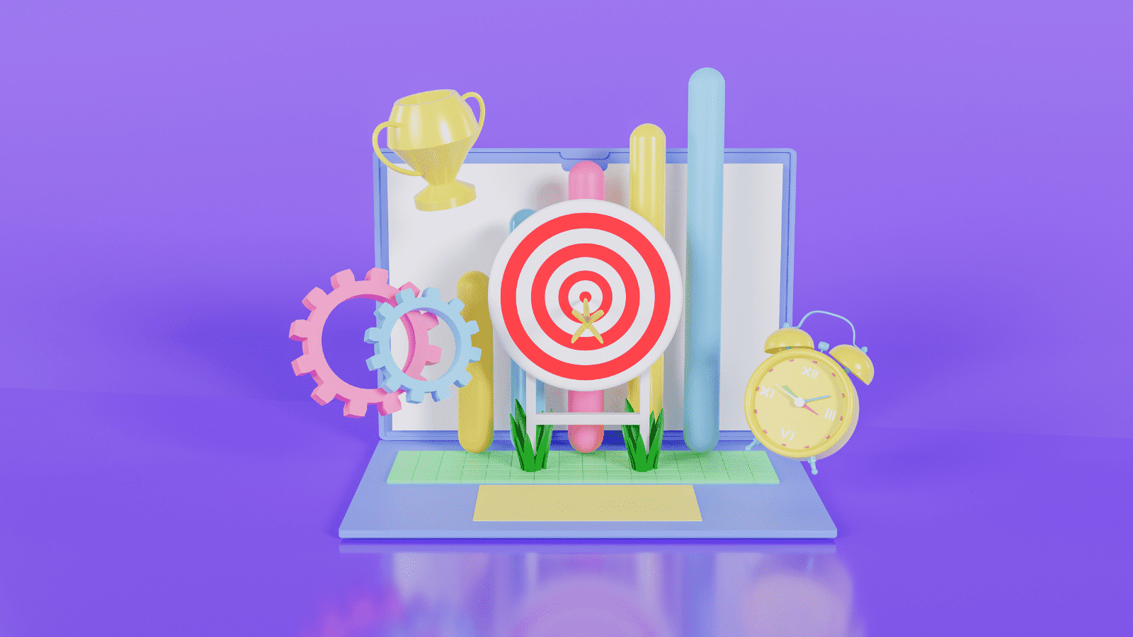 3d illustration of target achievement with arrow on target, trophy, gears, and bar graph, and an alarm clock, all on top of a laptop on a purple background